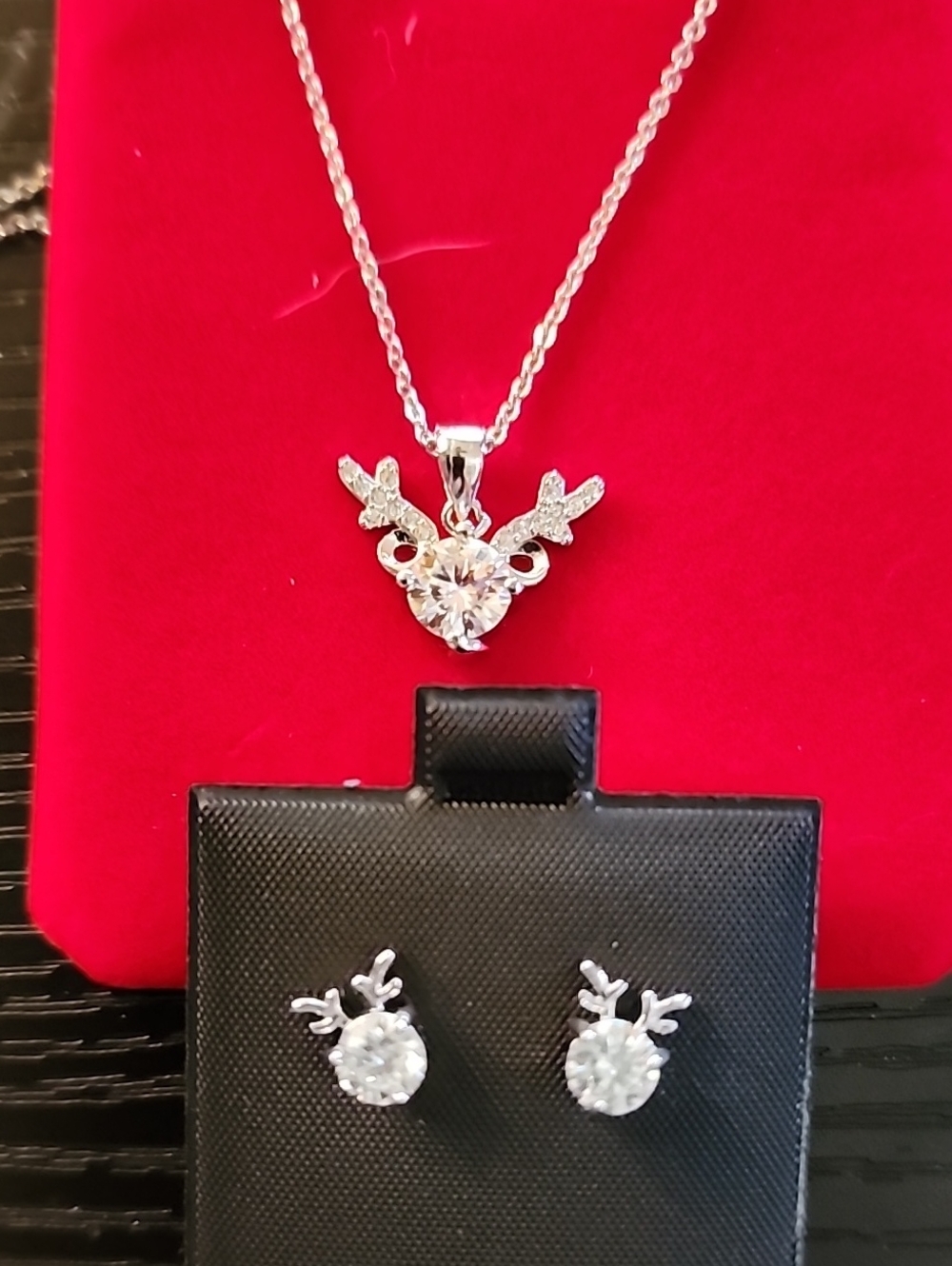 Sterling Silver Reindeer Pendant Necklace and Stud Earrings Set - Moissanite